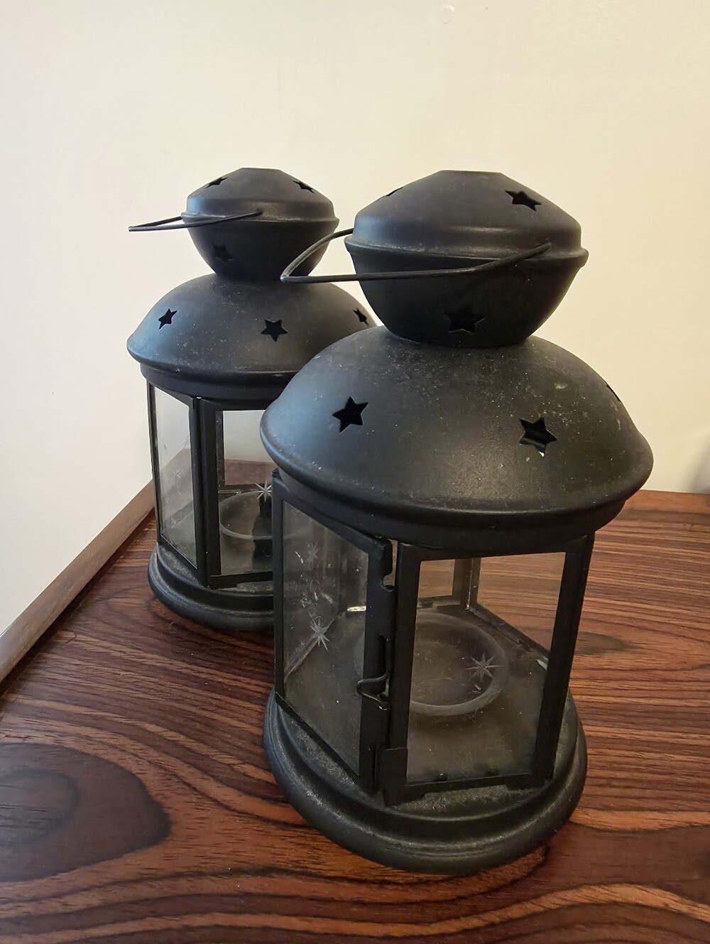Set of 2 Metal Candle Lanterns, Black Star Etched, Tea Light Holders